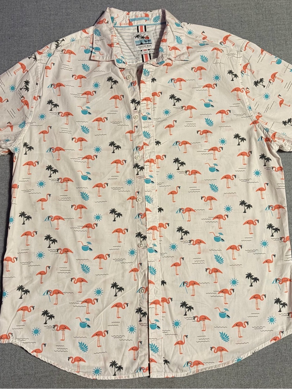 Cactus White Button-Down Shirt with Coral Flamingo & Turquoise Accents